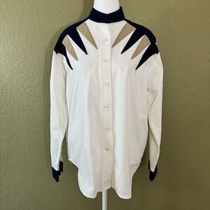 Side Saddle Women's M Western Button Up Shirt White Navy Vintage Cowgirl Cotton